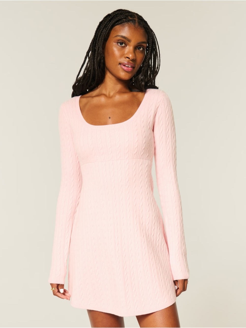 Hollister Light Pink Cable Knit Square Neck Long Sleeve Dress